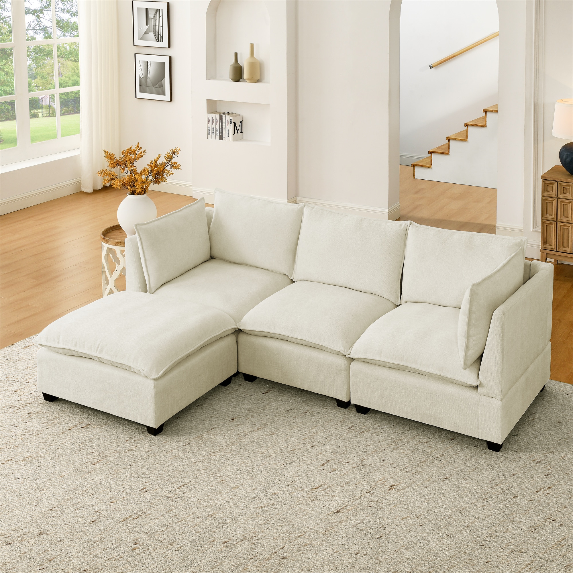 Convertible Sectional Sofa Couch with Ottoman, Cloud Couch 3 Seat L Shaped Sofa with Padded Armrests, Cloud Sofa for Living Room, Apartment and Office, Beige(Beige White) 